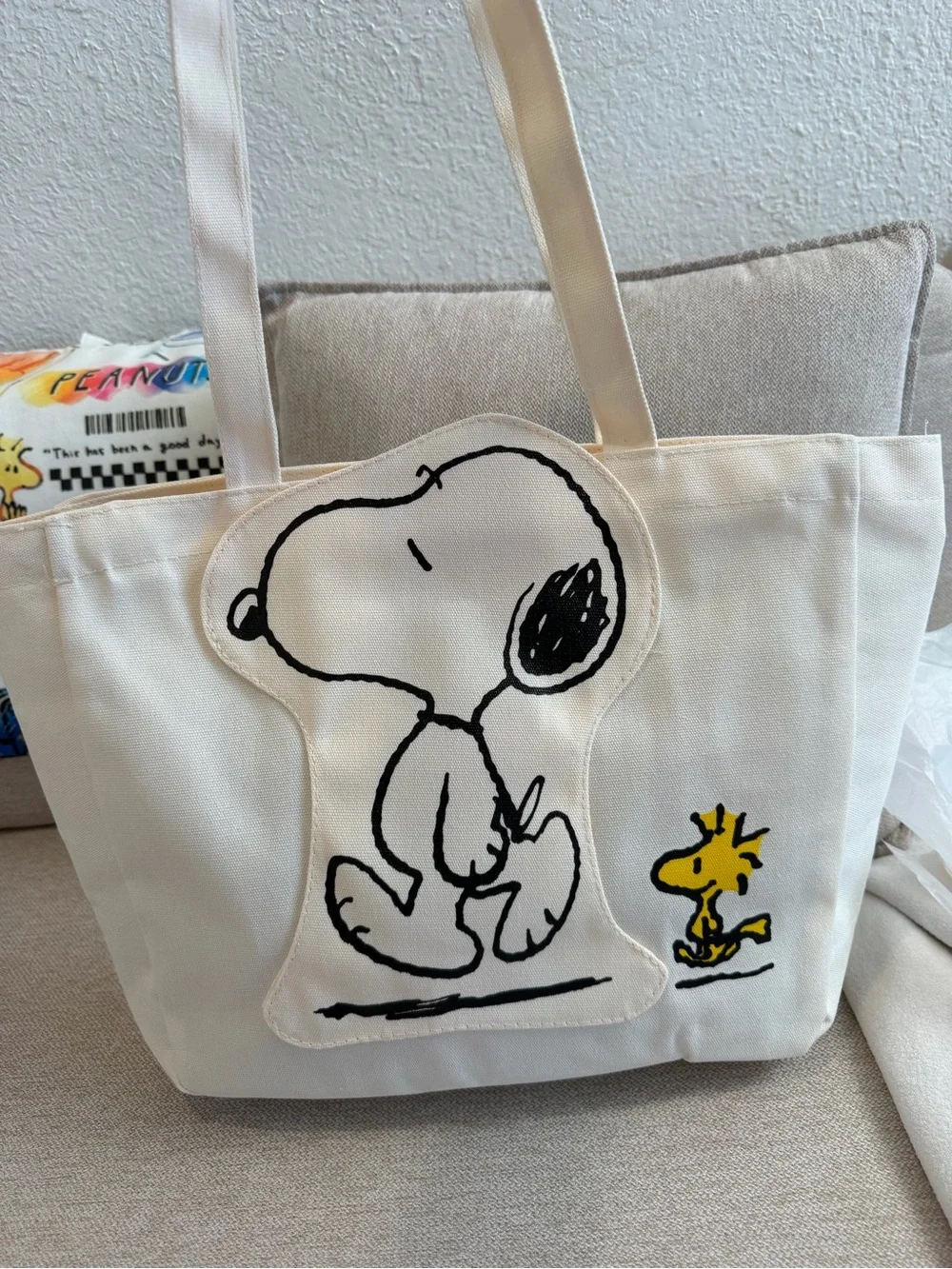 Peanuts Snoopy & Woodstock Kids Canvas Tote Bag - Cream